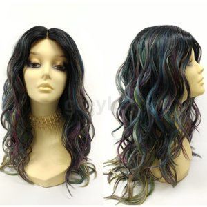 Dark rainbow long wavy heat resistant wig